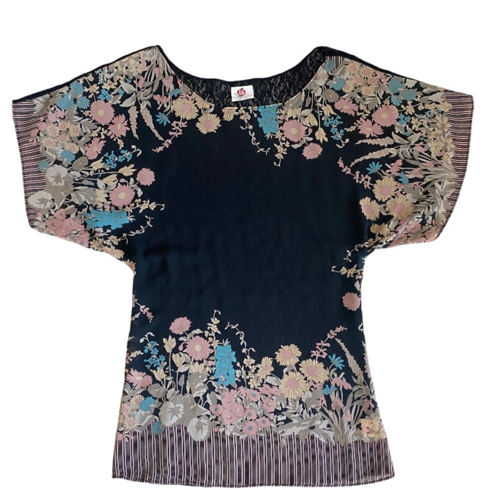Free People Black Sheer See Through Floral and Lace Backing Blouse, Size Small